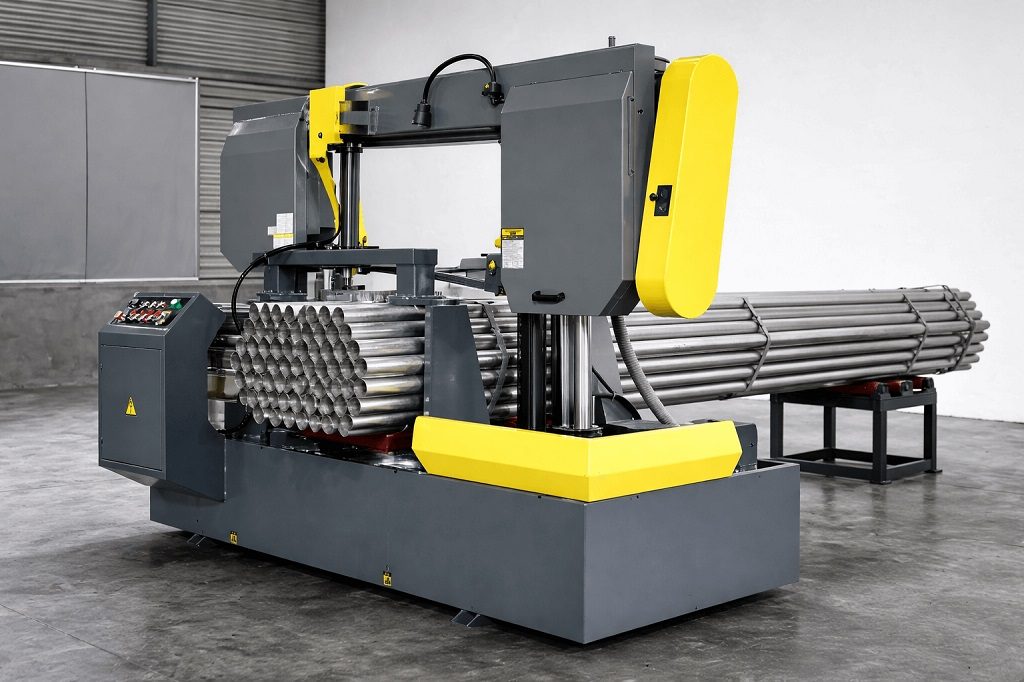 Különböző fémprofilok vágása szalagfűrésszel