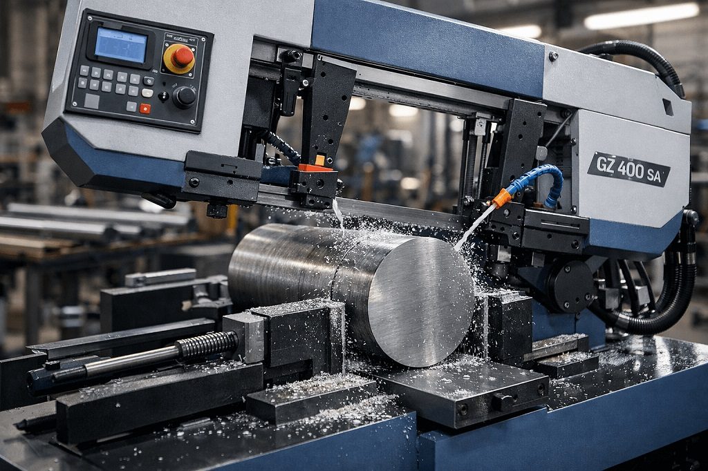 Ipari szalagfűrész működés közben egy fémmegmunkáló műhelyben